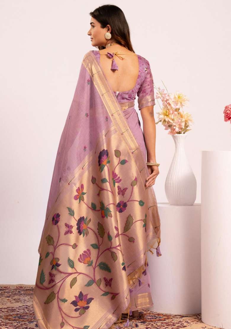 Purple Cotton Saree Set with Zari Work for Diwali | Wedding & Festive Wear - Indya