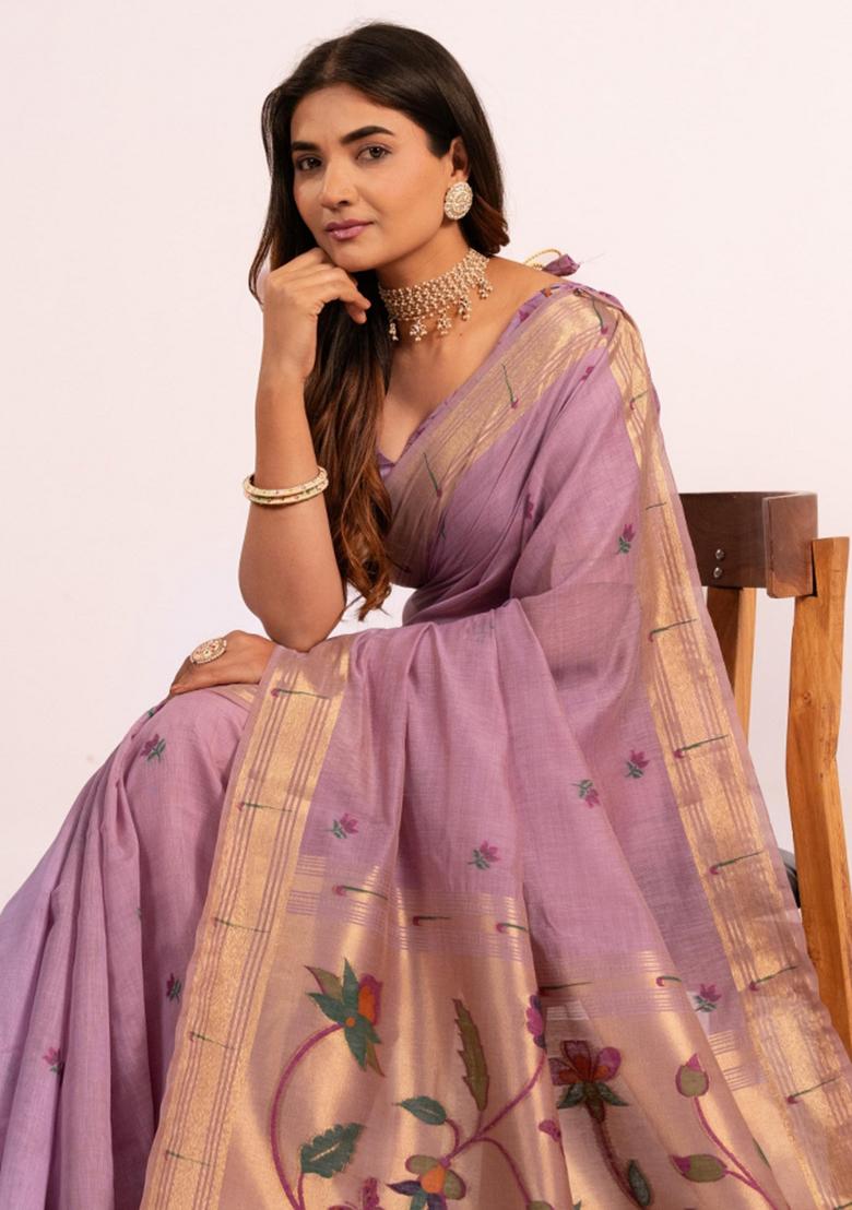 Purple Zari Work Cotton Saree Set - Indya