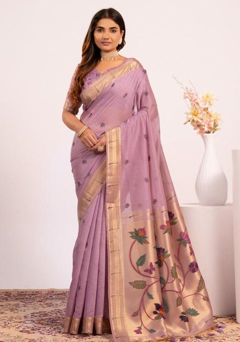 Purple Zari Work Cotton Saree Set