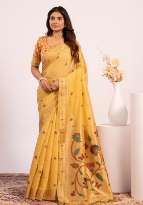 Yellow Zari Work Cotton Saree Set