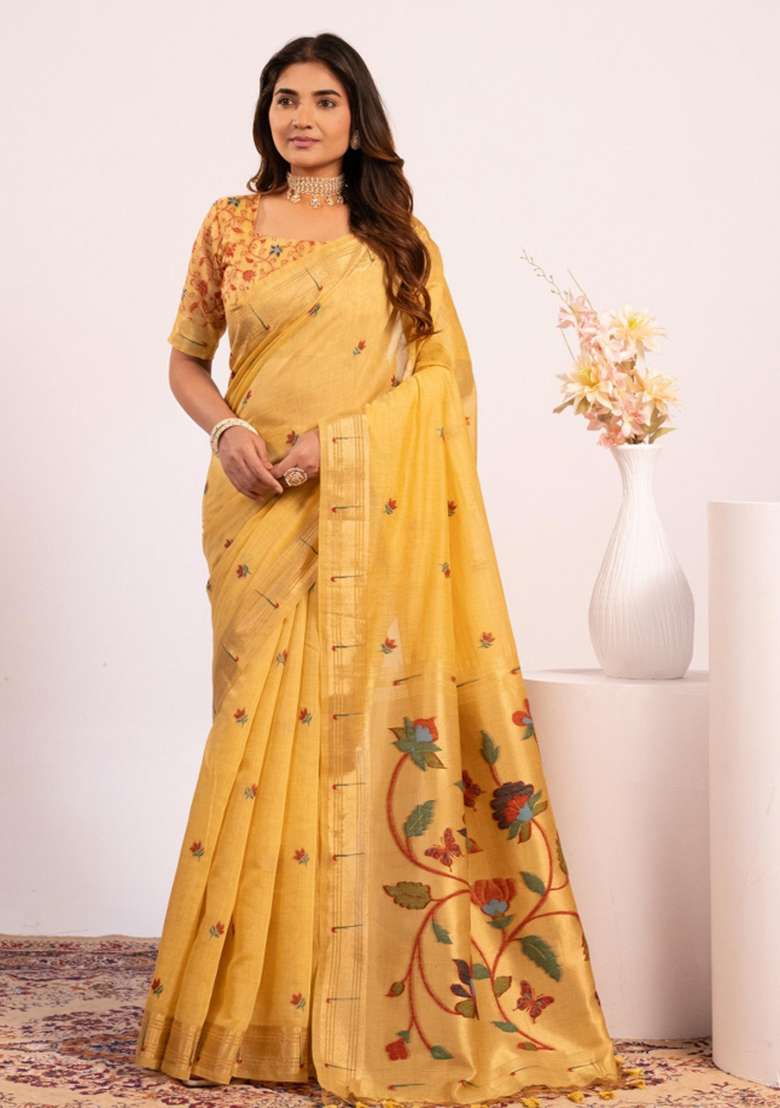 Yellow Cotton Saree Set with Zari Work for Diwali | Wedding & Festive Wear - Indya