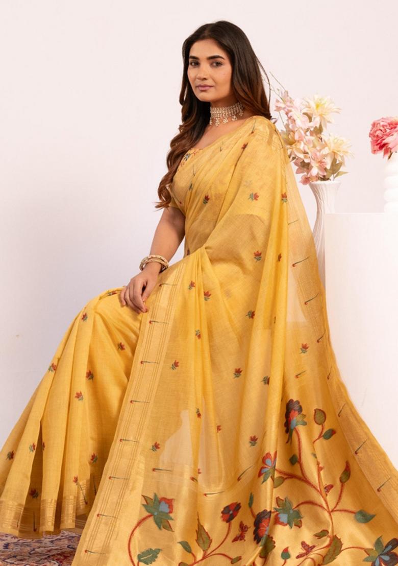 Yellow Zari Work Cotton Saree Set - Indya