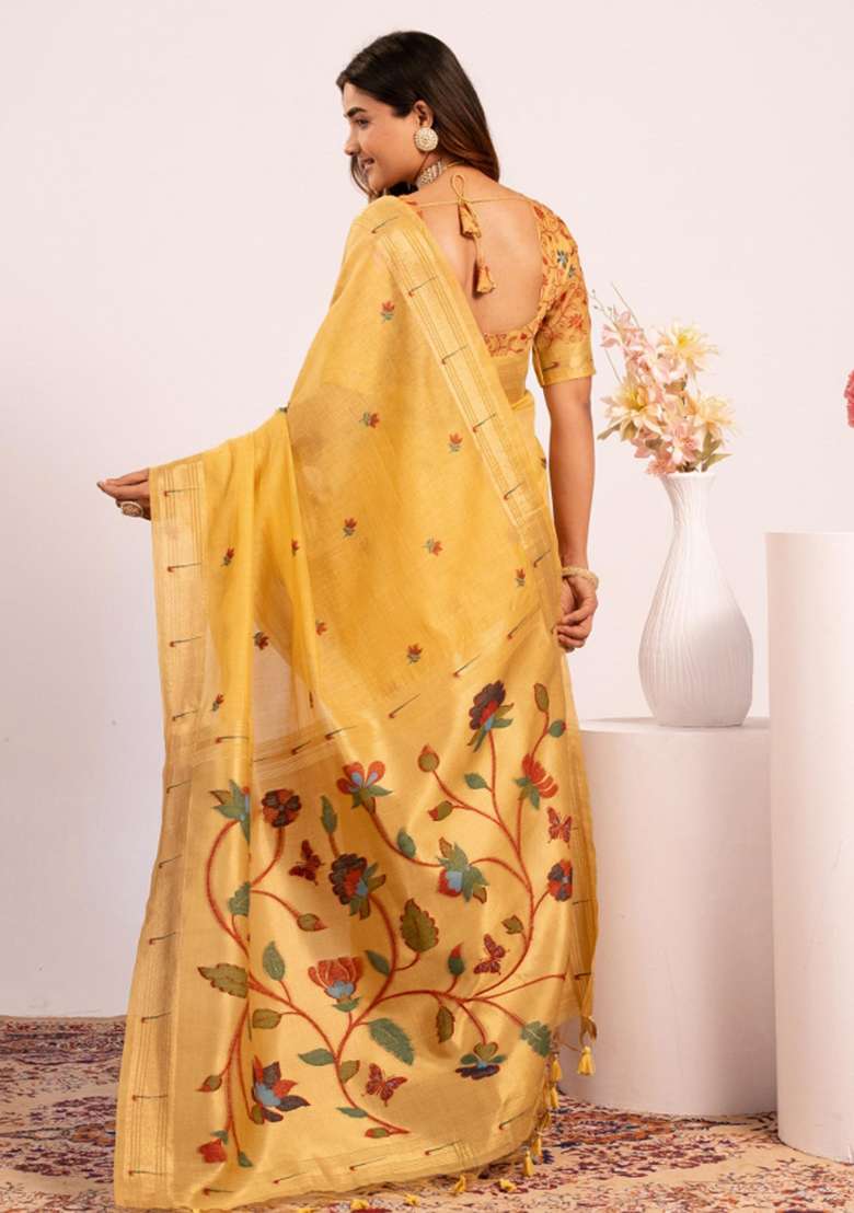 Yellow Cotton Saree Set with Zari Work for Diwali | Wedding & Festive Wear - Indya