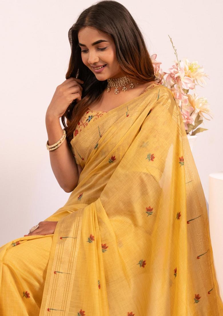 Yellow Zari Work Cotton Saree Set - Indya