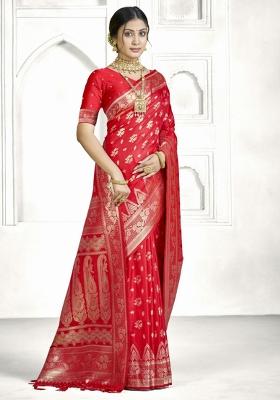 Red Zari Work Silk Saree Set