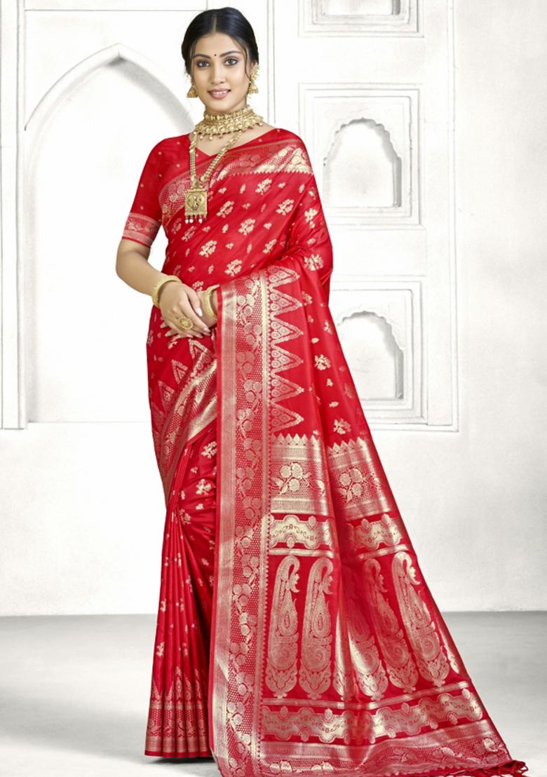 Red Zari Work Silk Saree Set - Indya