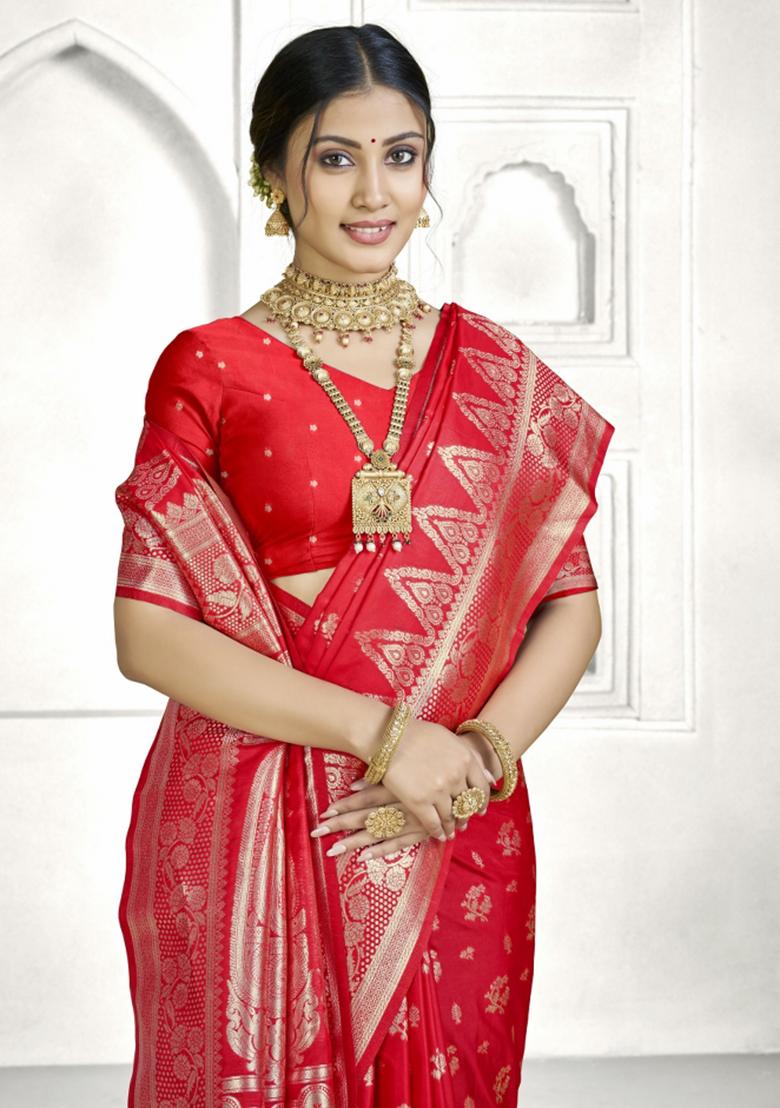 Red Zari Work Silk Saree Set - Indya