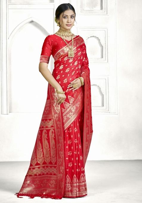 Red Zari Work Silk Saree Set