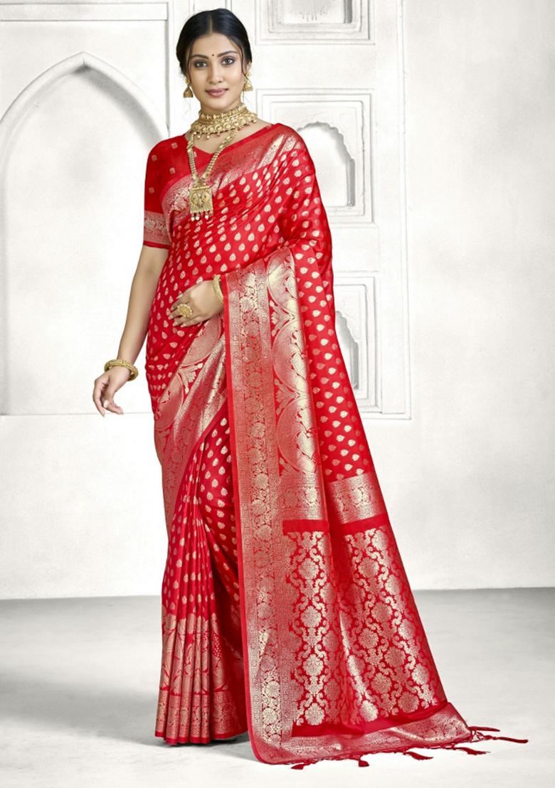 Red Zari Work Silk Saree Set - Indya