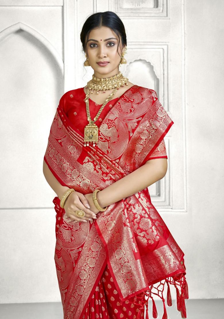 Red Zari Work Silk Saree Set - Indya