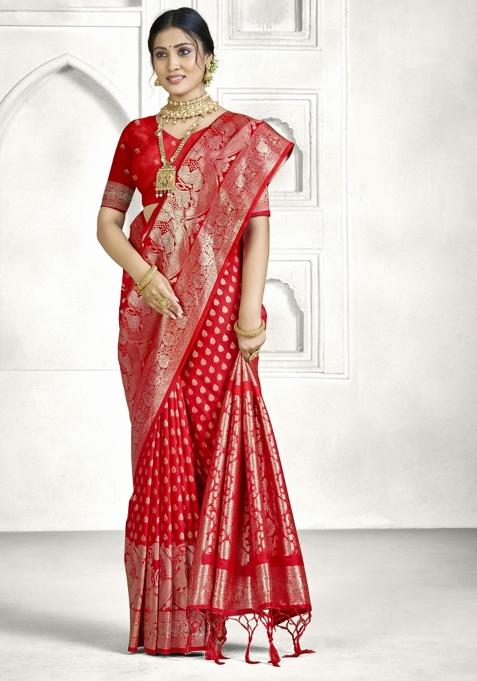 Red Zari Work Silk Saree Set