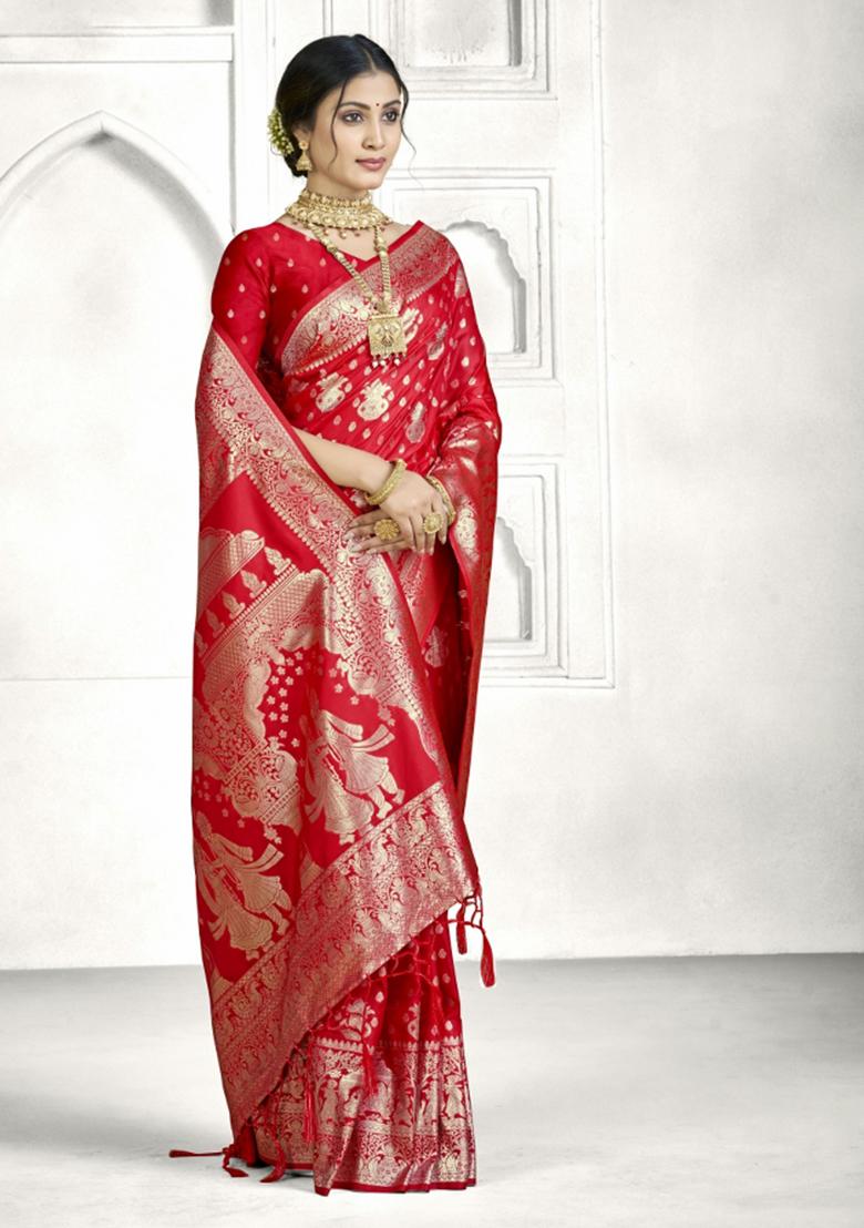 Red Zari Work Silk Saree Set - Indya