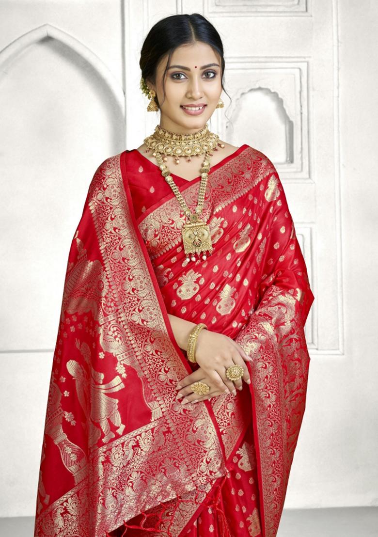Red Zari Work Silk Saree Set - Indya