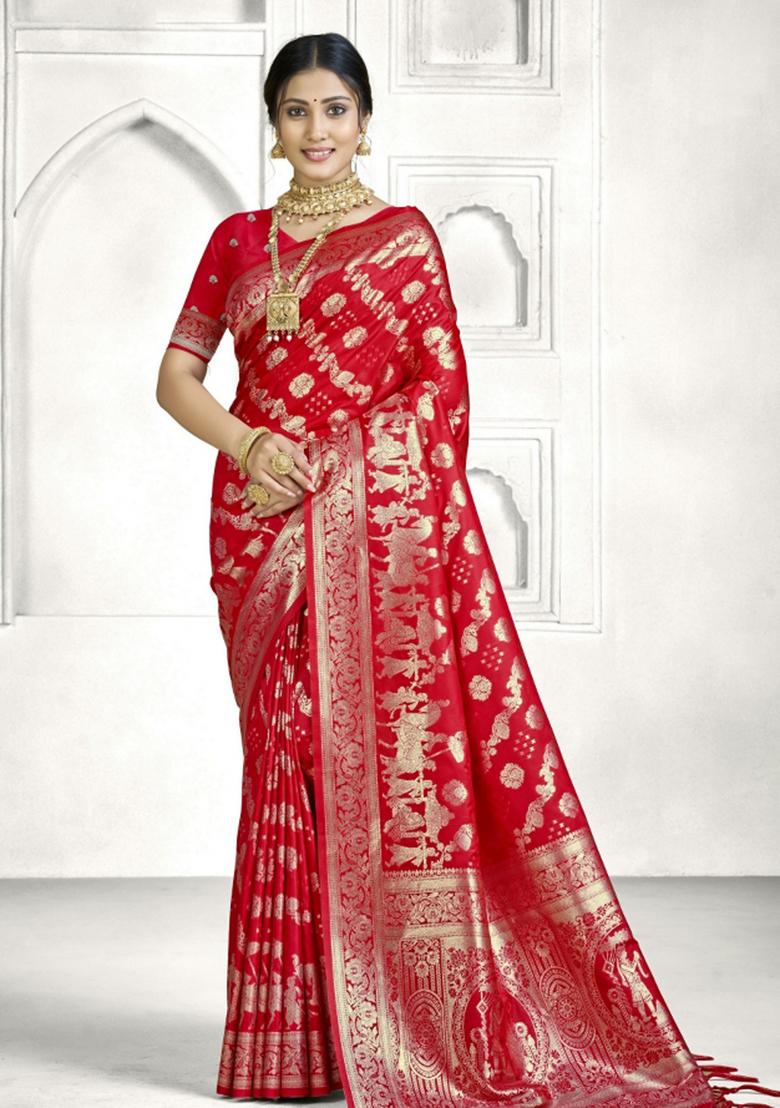 Red Zari Work Silk Saree Set - Indya