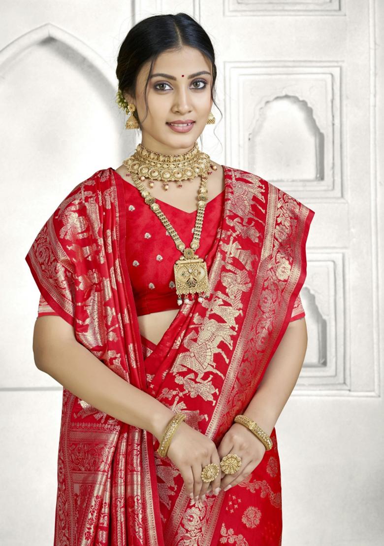 Red Zari Work Silk Saree Set - Indya