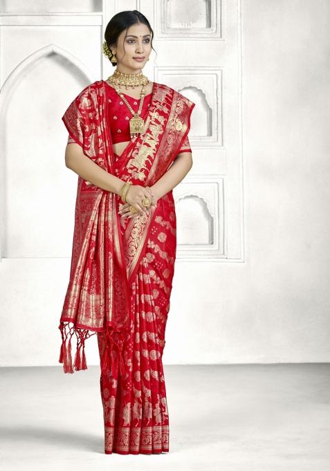 Red Zari Work Silk Saree Set