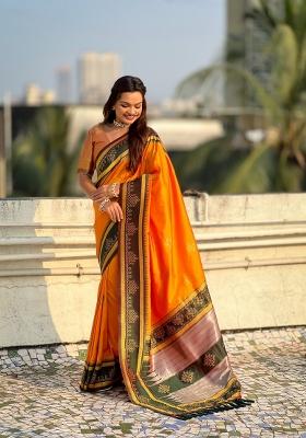 Orange Zari Work Silk Saree Set