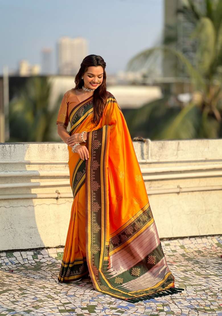 Orange Silk Saree Set with Zari Work for Diwali | Wedding & Festive Wear - Indya