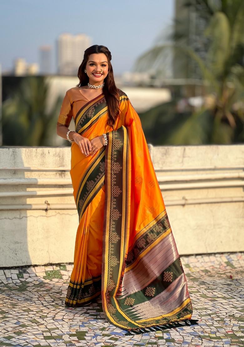 Orange Zari Work Silk Saree Set - Indya