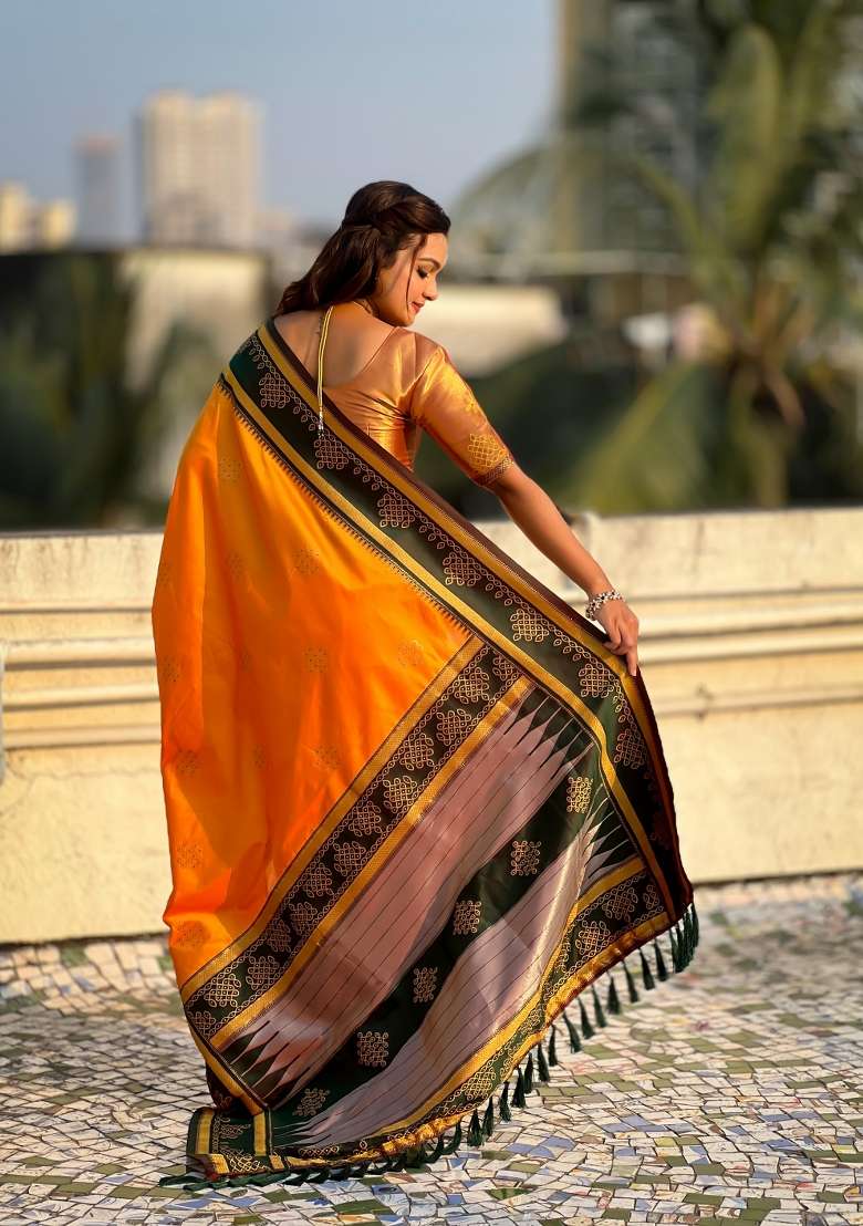 Orange Silk Saree Set with Zari Work for Diwali | Wedding & Festive Wear - Indya