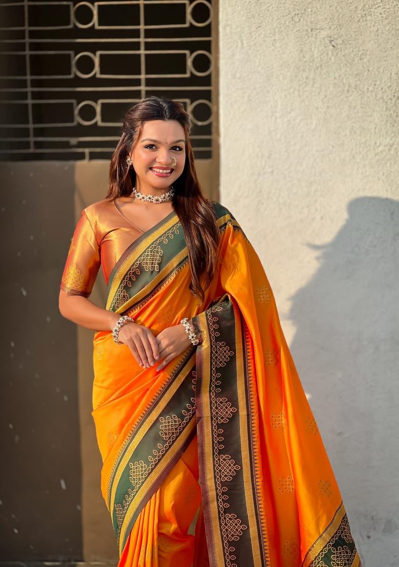 Orange Zari Work Silk Saree Set - Indya