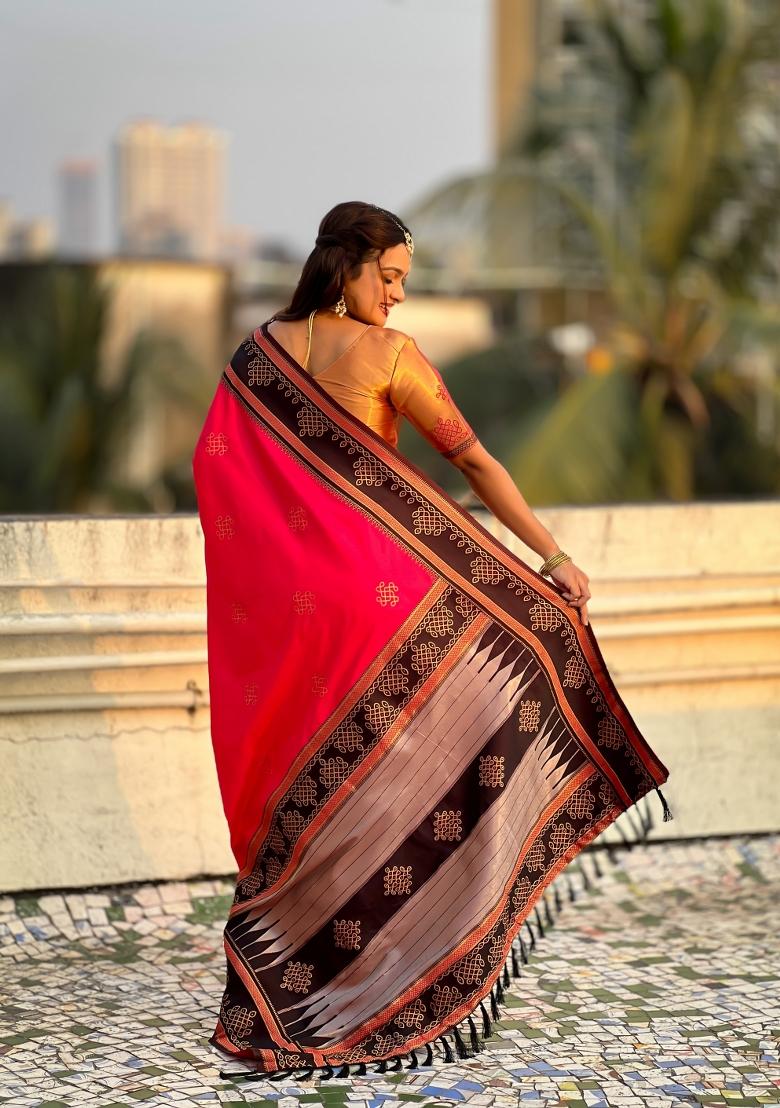 Pink Zari Work Silk Saree Set - Indya