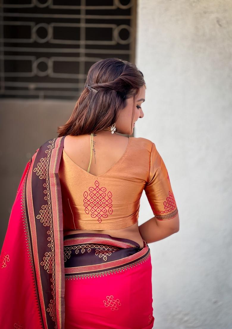 Pink Zari Work Silk Saree Set - Indya