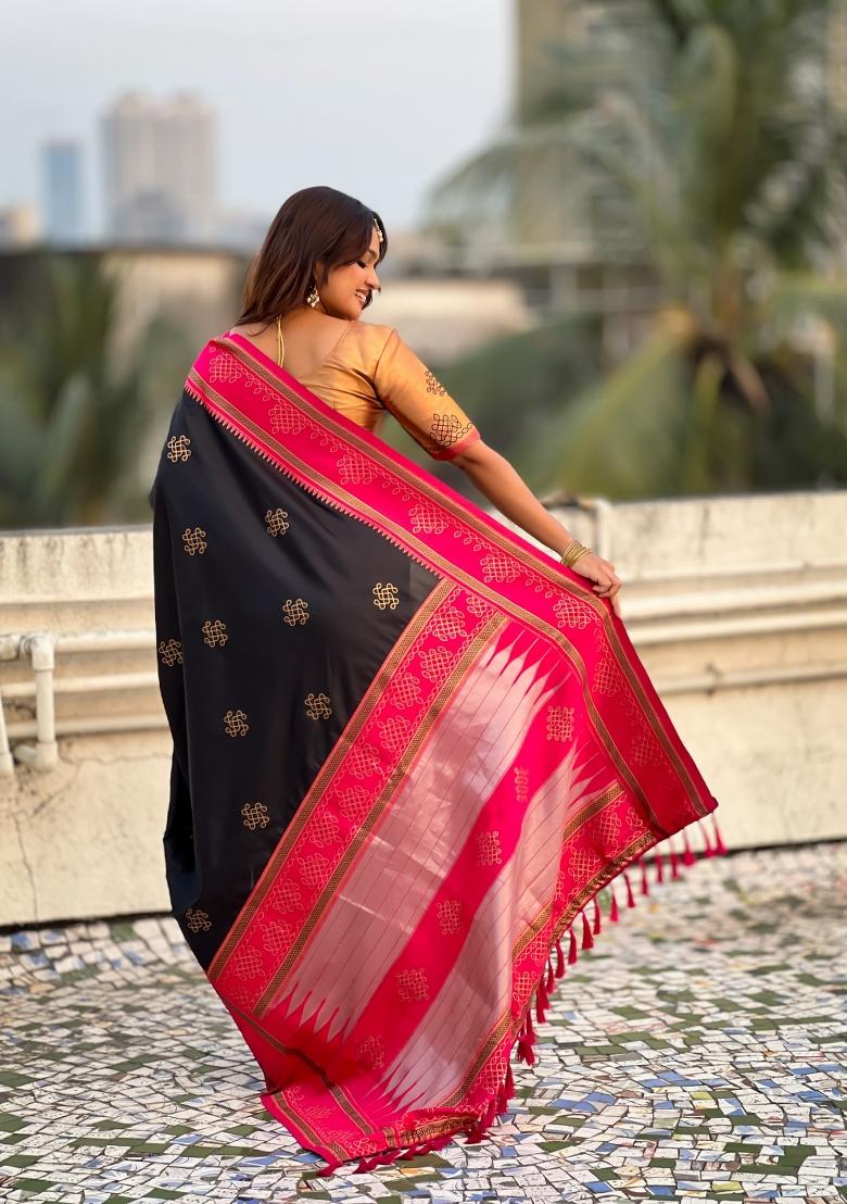 Black Zari Work Silk Saree Set - Indya