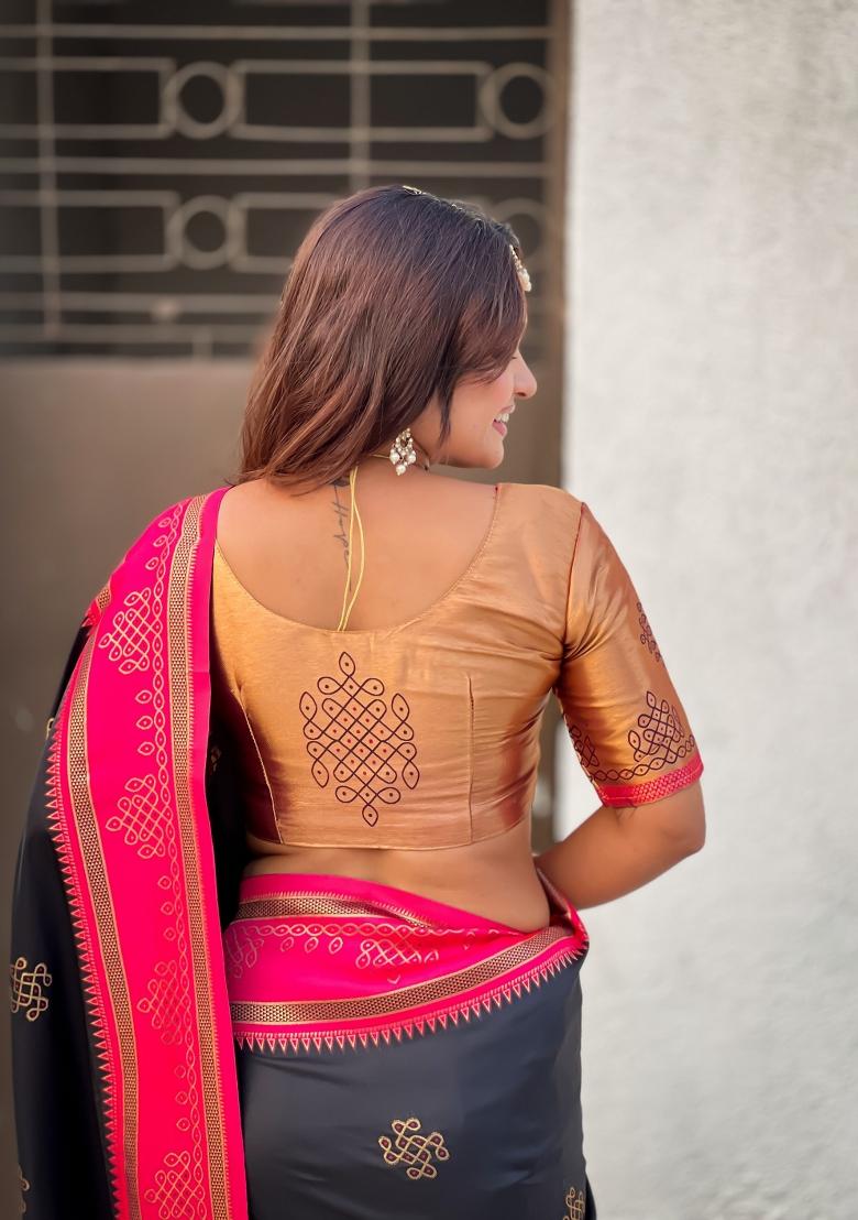 Black Zari Work Silk Saree Set - Indya