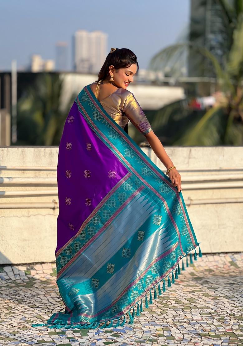 Purple Zari Work Silk Saree Set - Indya