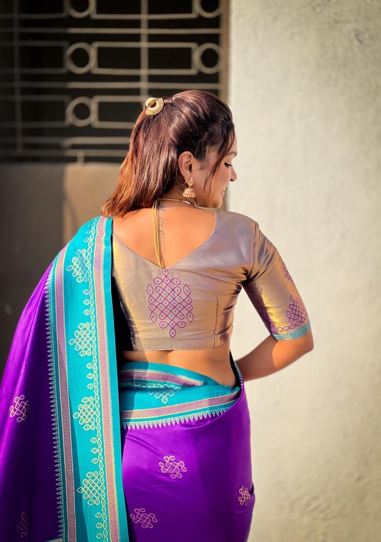 Purple Zari Work Silk Saree Set - Indya