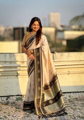 Cream Zari Work Silk Saree Set
