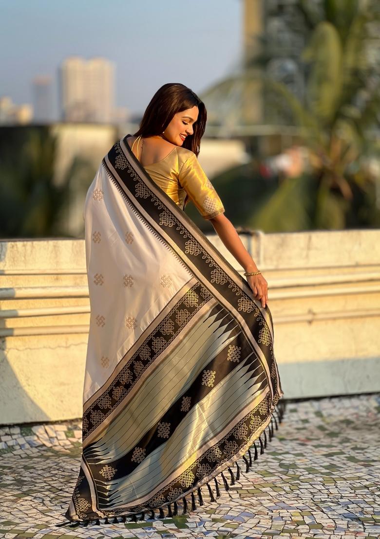 Cream Zari Work Silk Saree Set - Indya