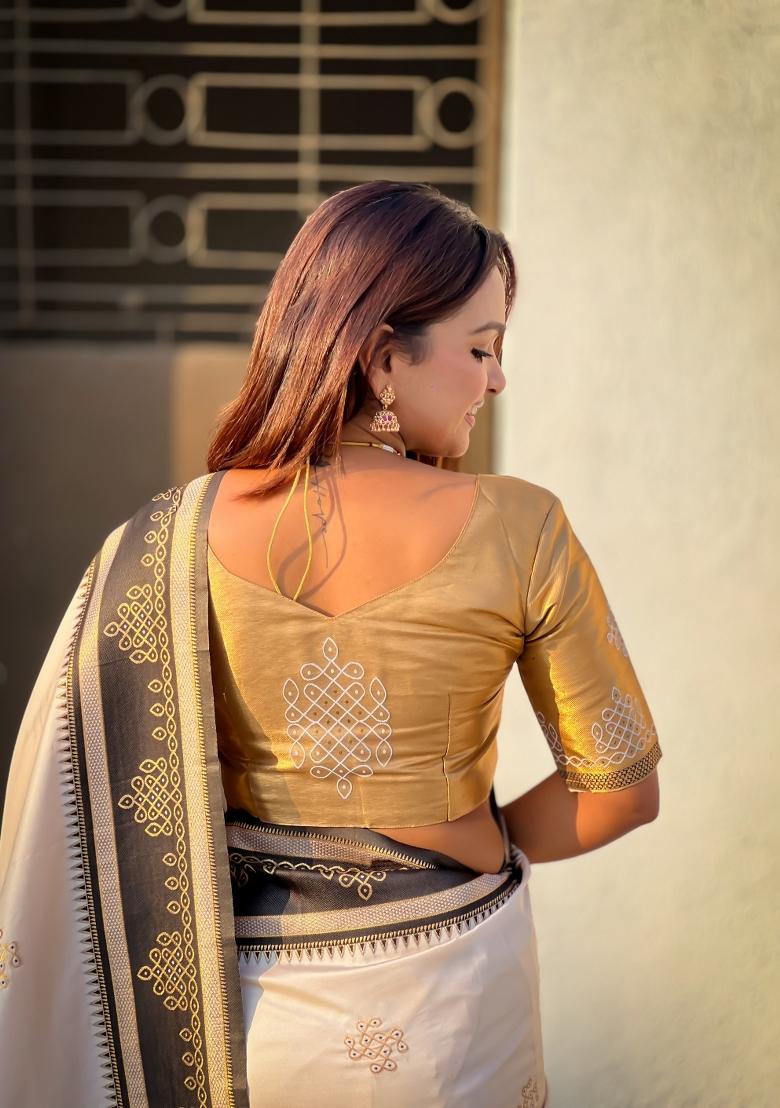 Cream Zari Work Silk Saree Set - Indya