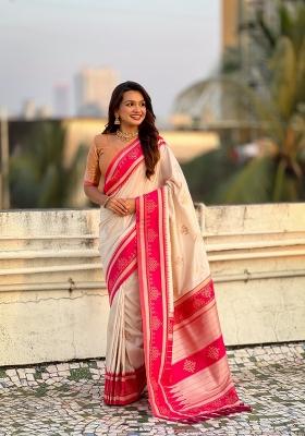 Cream Zari Work Silk Saree Set