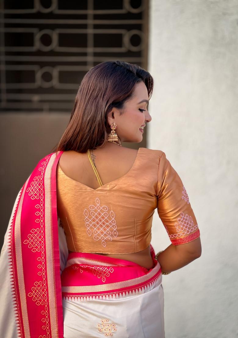 Cream Zari Work Silk Saree Set - Indya