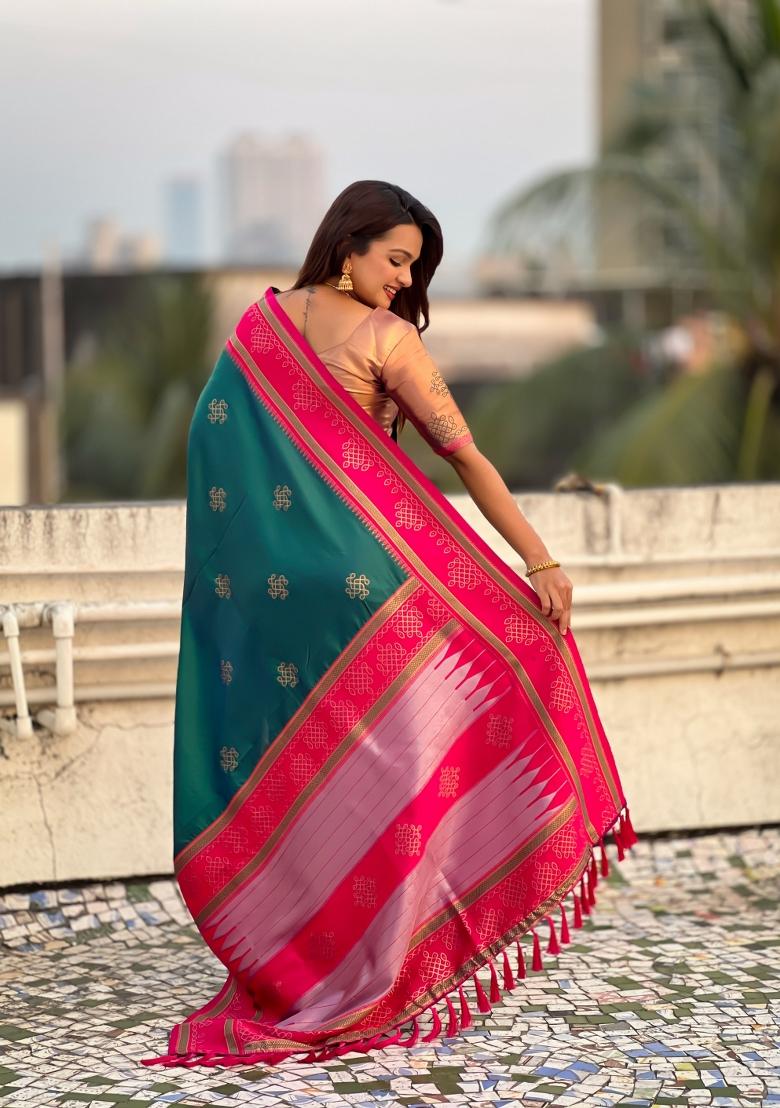 Green Zari Work Silk Saree Set - Indya