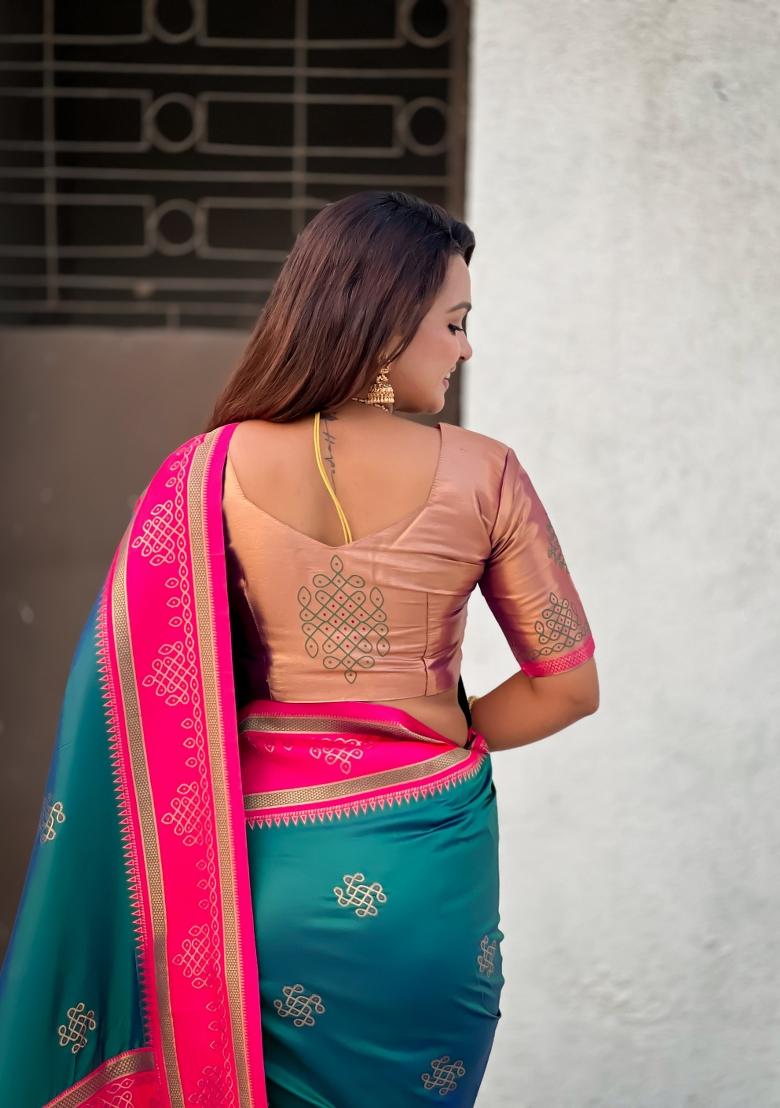 Green Zari Work Silk Saree Set - Indya