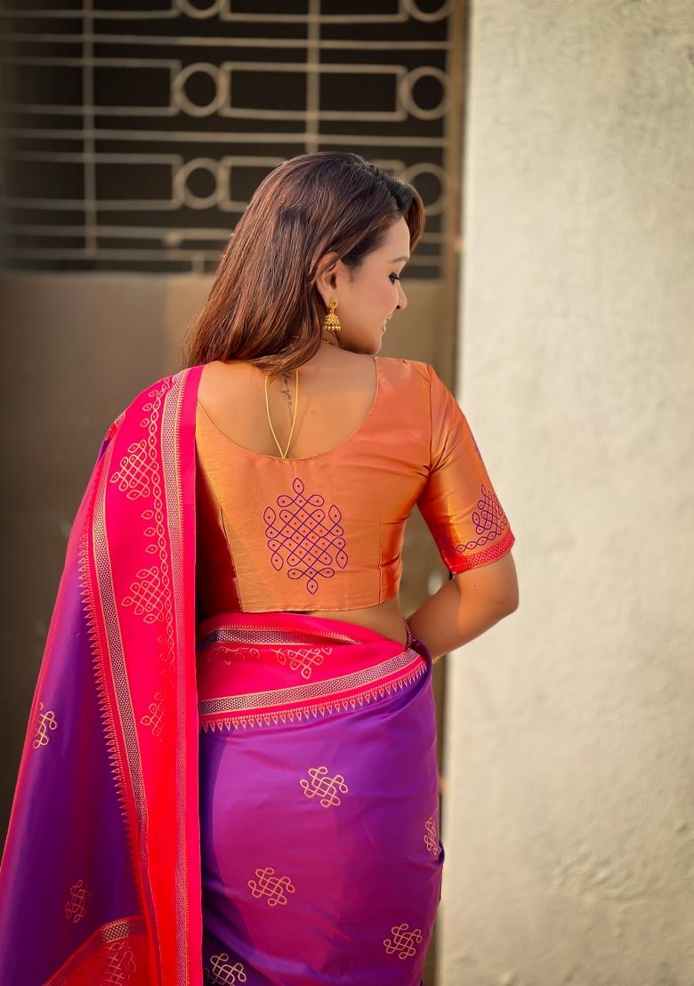 Purple Zari Work Silk Saree Set - Indya