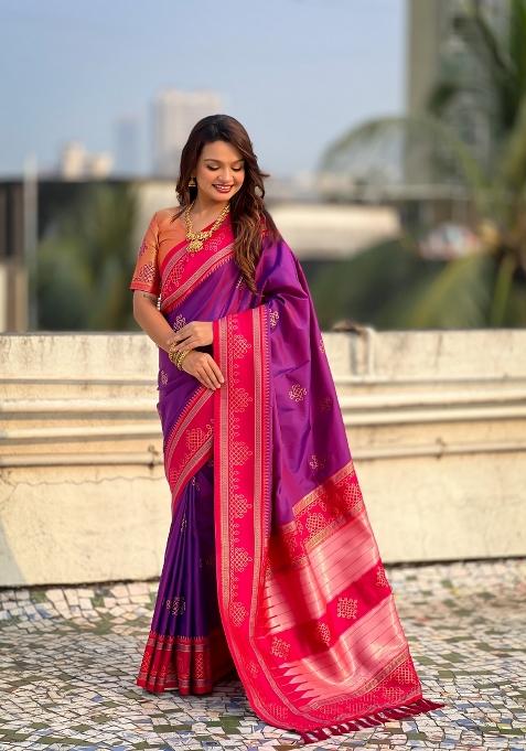 Purple Zari Work Silk Saree Set