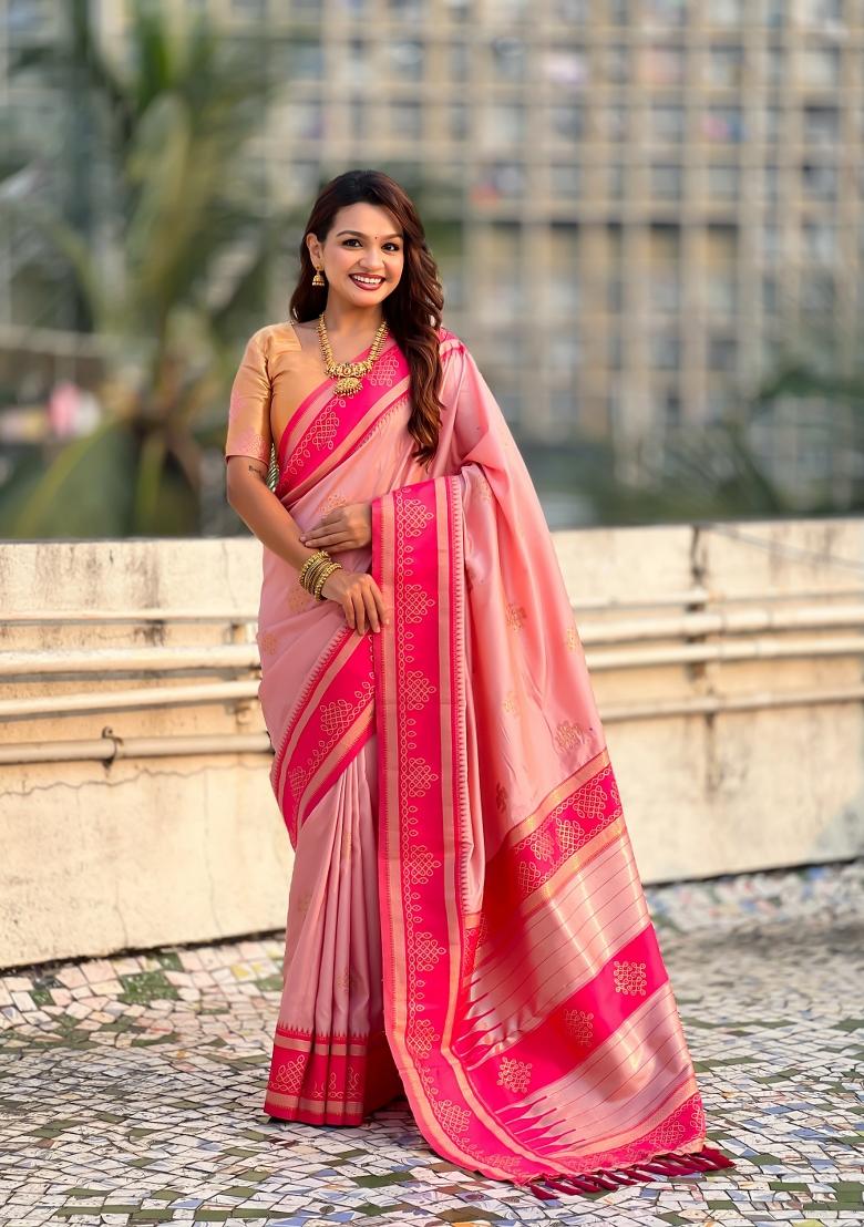 Pink Zari Work Silk Saree Set - Indya