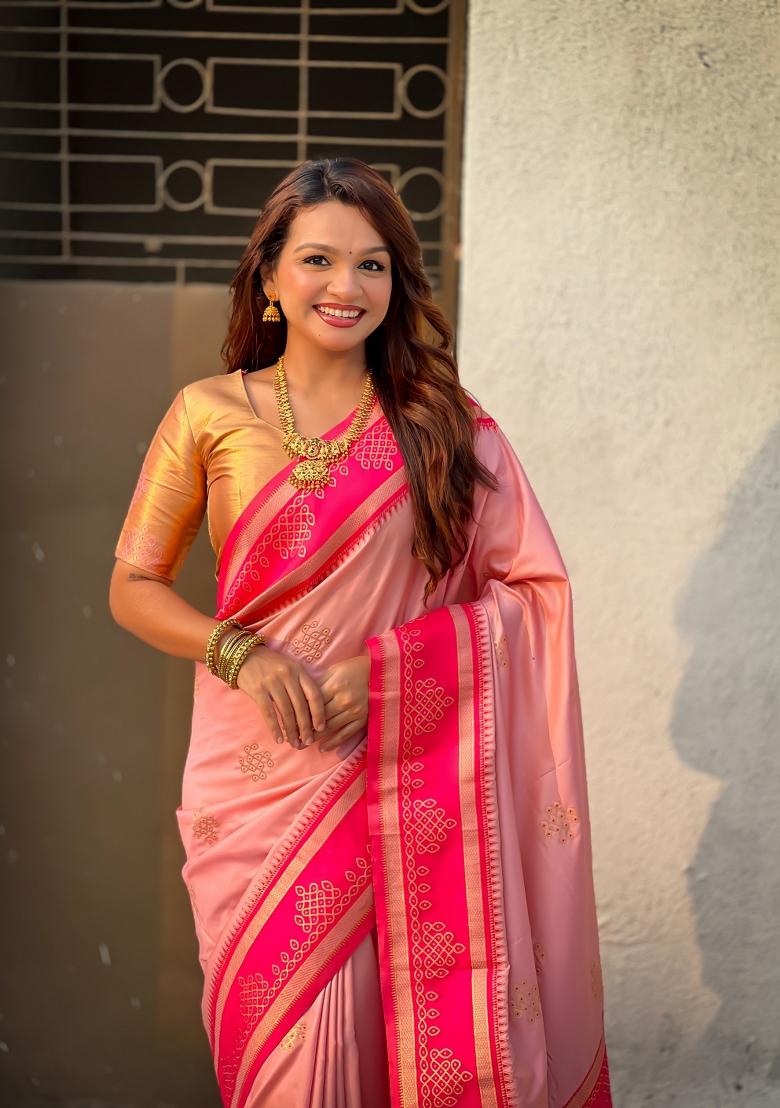 Pink Zari Work Silk Saree Set - Indya