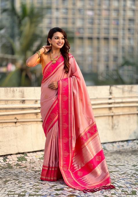 Pink Zari Work Silk Saree Set