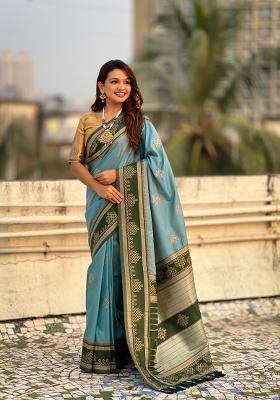 Sky Blue Zari Work Silk Saree Set