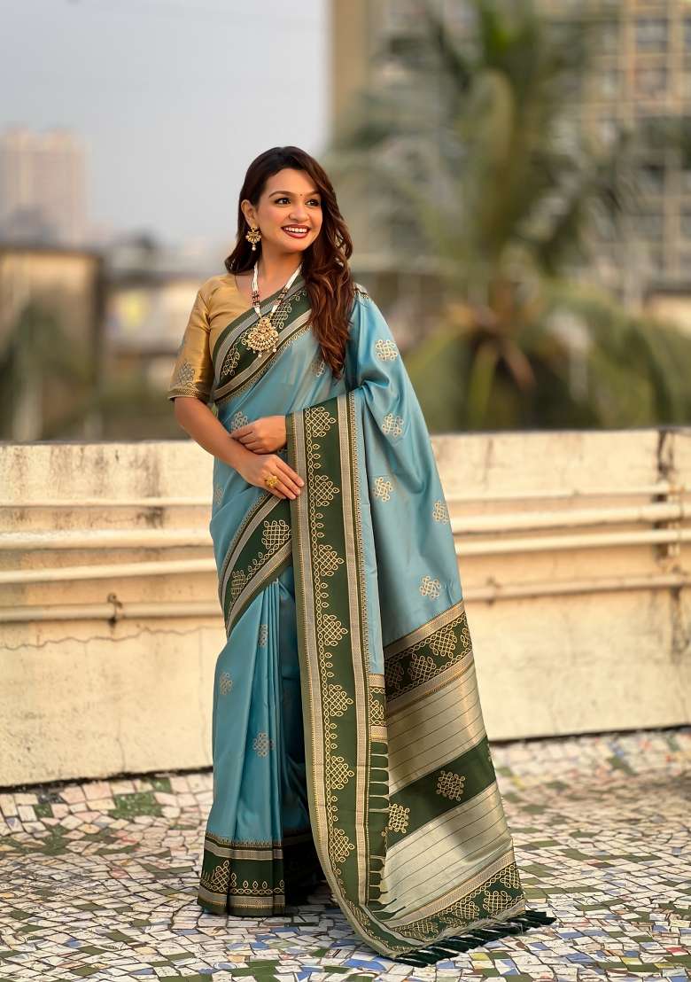 Sky Blue Zari Work Silk Saree Set for Diwali and Festive Wear - Indya