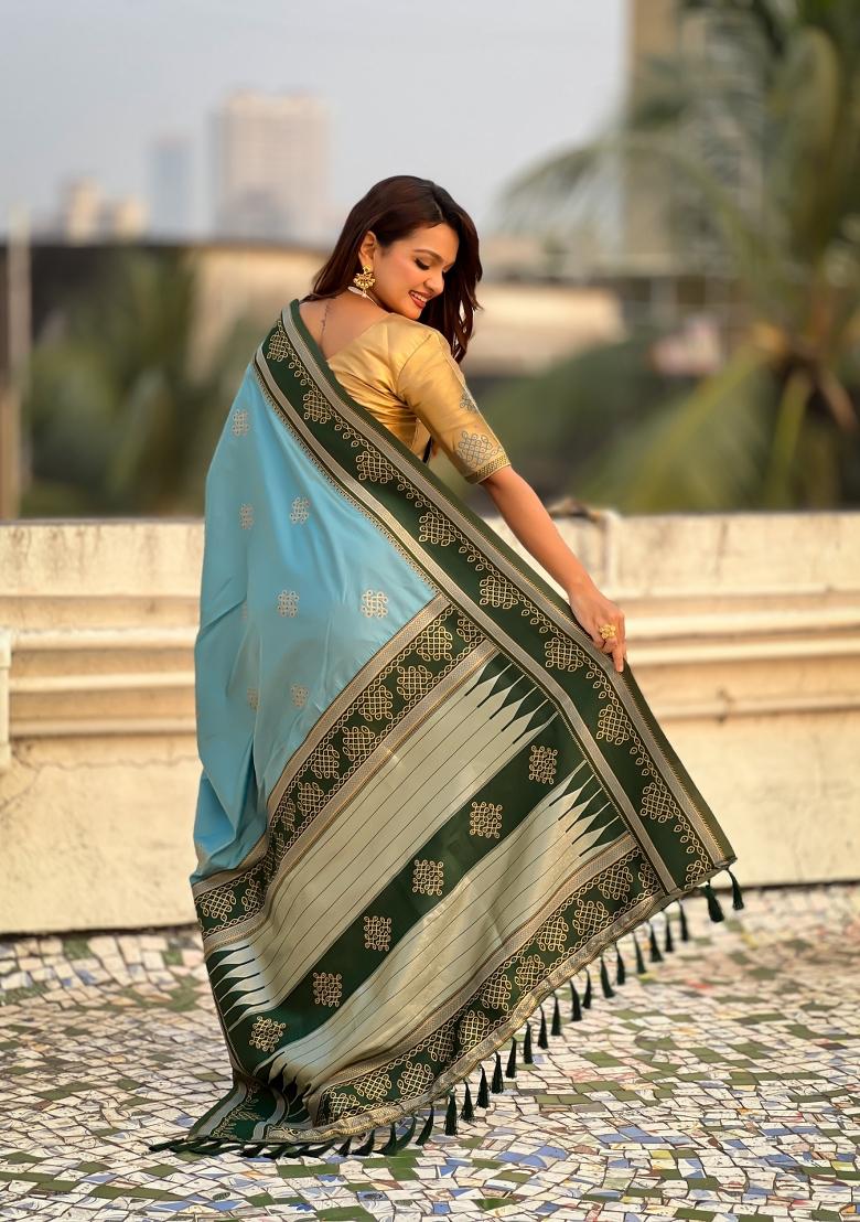 Sky Blue Zari Work Silk Saree Set - Indya