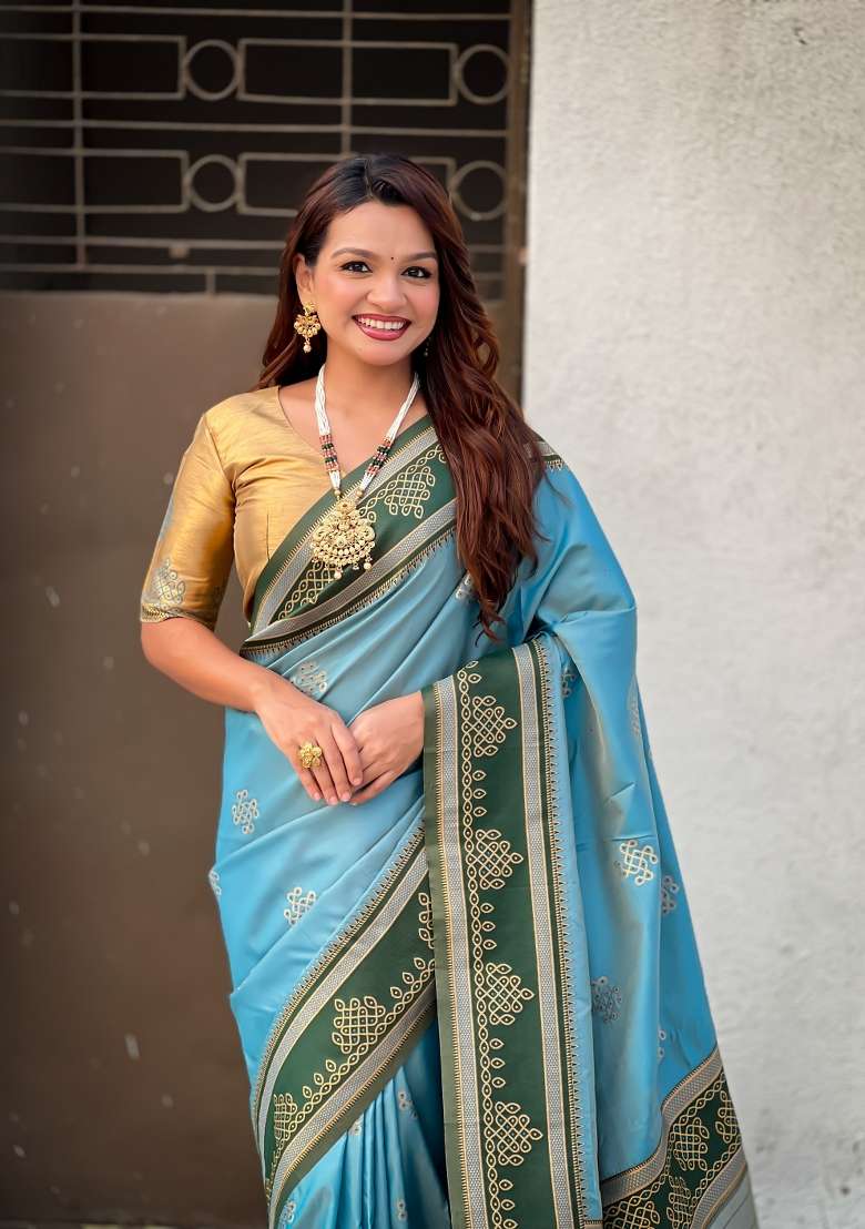 Sky Blue Zari Work Silk Saree Set for Diwali and Festive Wear - Indya