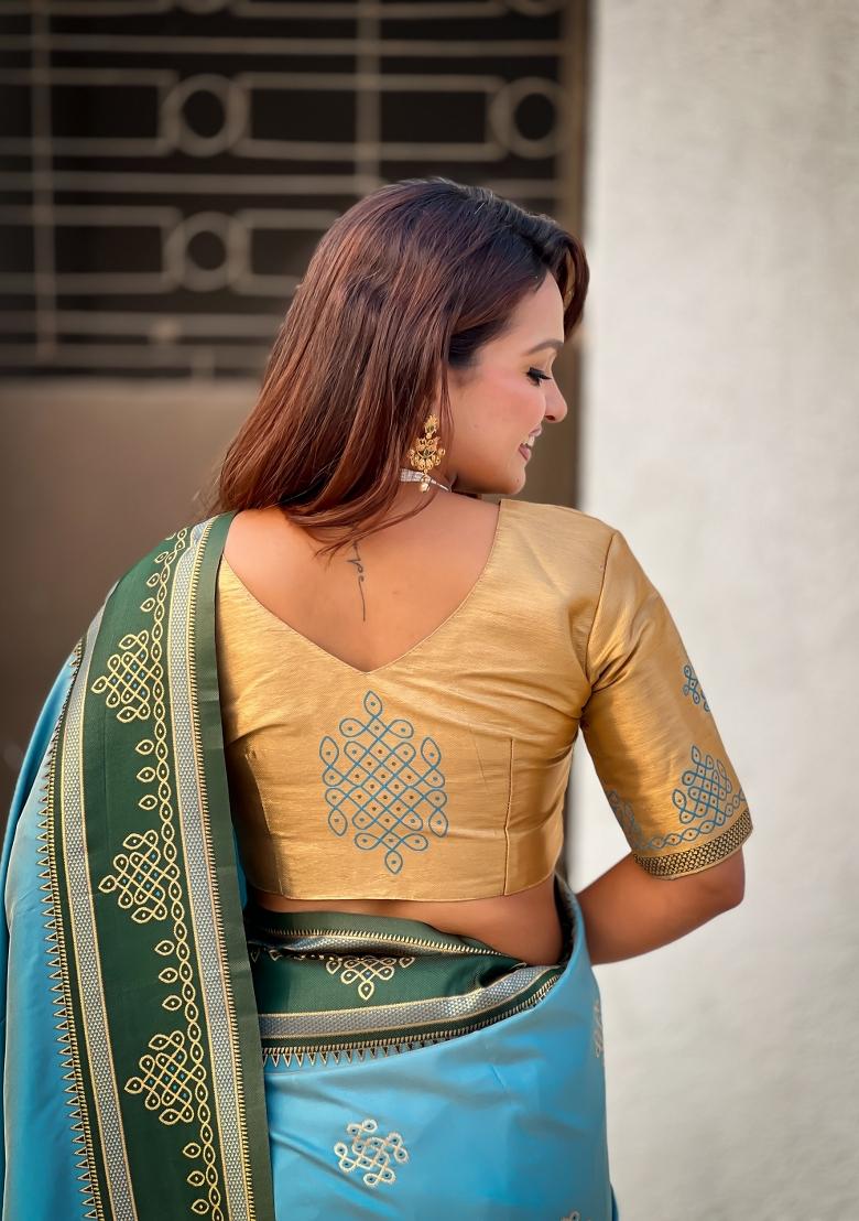 Sky Blue Zari Work Silk Saree Set - Indya