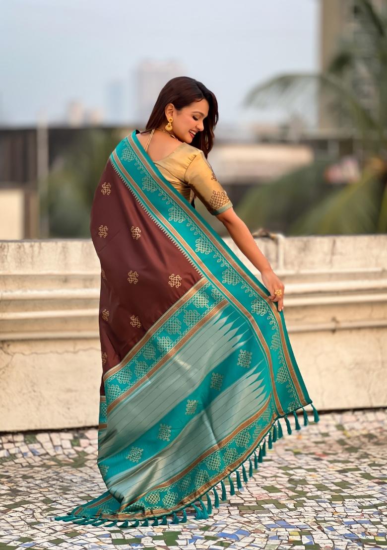 Brown Zari Work Silk Saree Set - Indya
