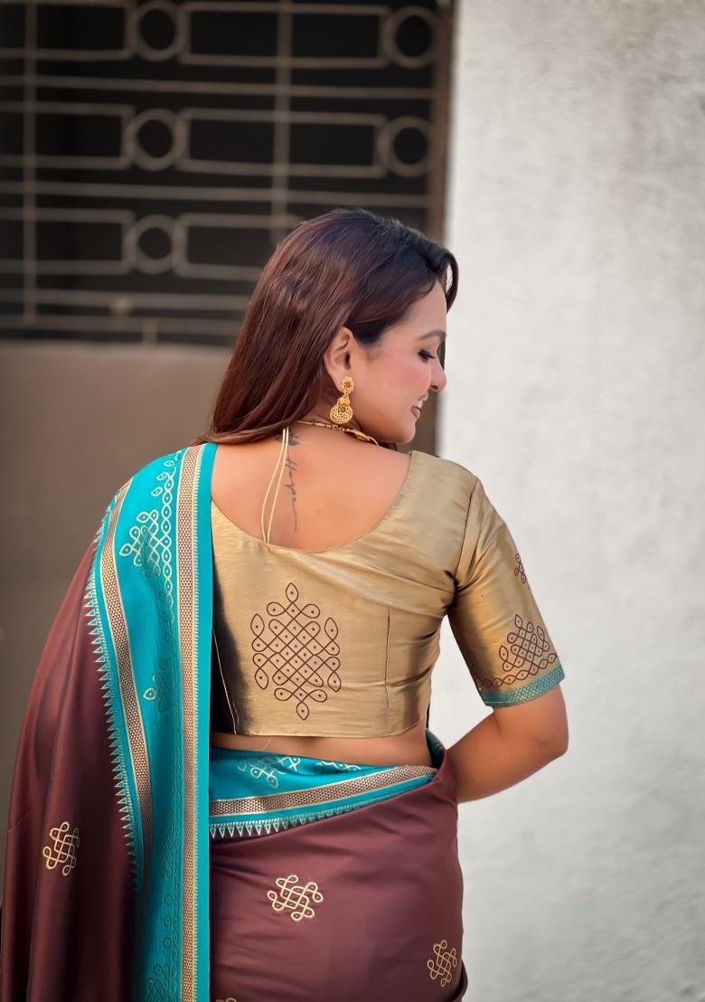 Brown Zari Work Silk Saree Set - Indya
